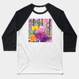 Grandmillennial pink and navy chinoiserie jar, bird and lemons Baseball T-Shirt